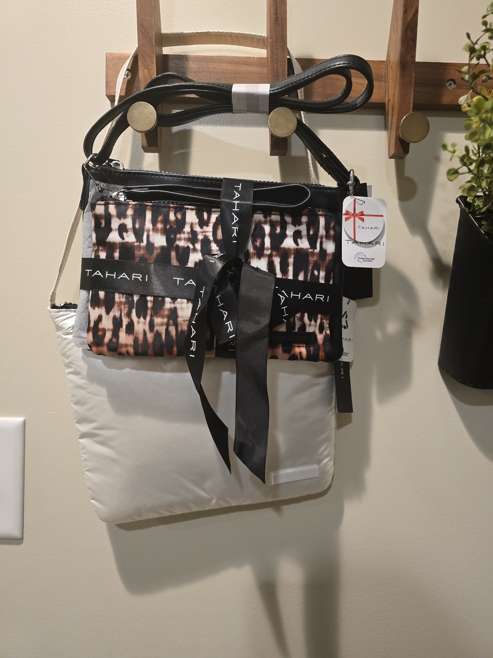 Tahari Women's Black Crossbody Bag in Black, Leopord Pouch, & Cream Puffer Bag.